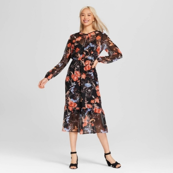 Who What Wear Dresses & Skirts - Who What Wear Black Sheer Floral Flowy Long Sleeve Midi Dress sz S